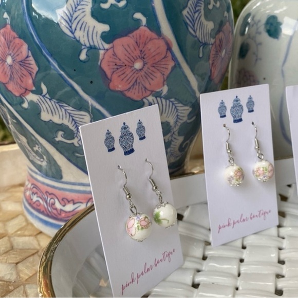 Chinoiserie Porcelain Dangle Earrings Pink+Green / Blue + White Grandmillennial - Picture 2 of 15